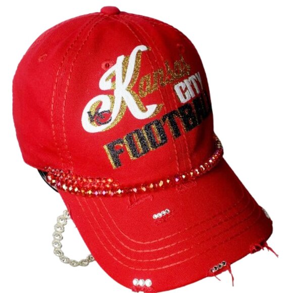 Kansas City Football Red Fitted Baseball Cap with Beads, Swrki.Cry. & Glitter. - Picture 2 of 4